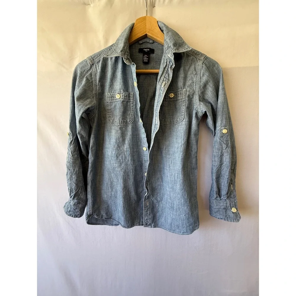GapKids Girls Blue Chambray Button Down Long Sleeve Roll Tab Shirt‎ Size L 10-11